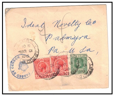 GOLD COAST - 1916 2 1/2d rate PASSED BY CENSOR cover to USA used at ACCRA.