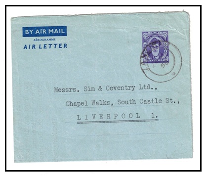 ZANZIBAR - 1956 50c violet AIR LETTER to UK.  H&G 4.