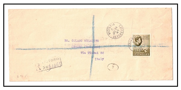 SEYCHELLES - 1947 2r50c rated registered cover to Italy used at VICTORIA.