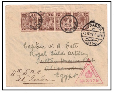 MALTA - 1916 1/4d (x4) censored cover to Egypt used at VALLETTA.