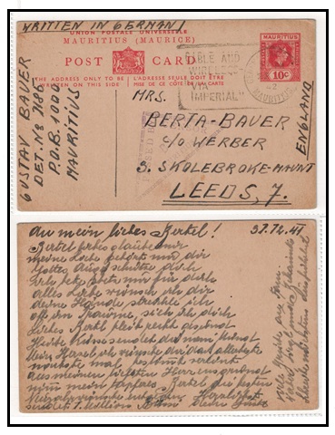 MAURITIUS - 1938 10c brown red PSC censored to UK from Jewish Internee. H&G 34.