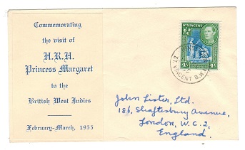 ST.VINCENT - 1955 VISIT OF H.R.M.PRINCESS MARGARET cover to UK at 4c rate.