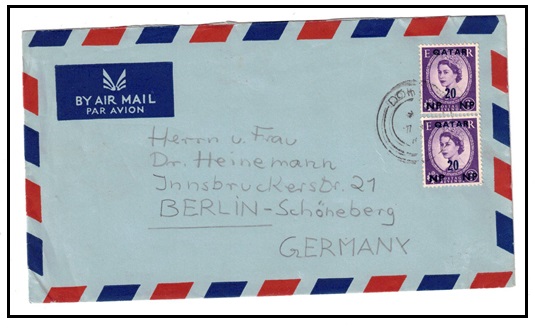 BR.P.O.IN E.A. - 1960 (circa) 20np on 3d (x2) airmail cover to Germany used at DOHA.