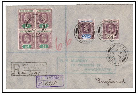 BRITISH VIRGIN ISLANDS - 1912 multi franked registered cover to UK used at ROAD TOWN.