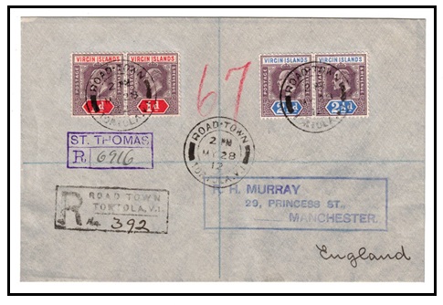 BRITISH VIRGIN ISLANDS - 1912 multi franked registered cover to UK used at ROAD TOWN.