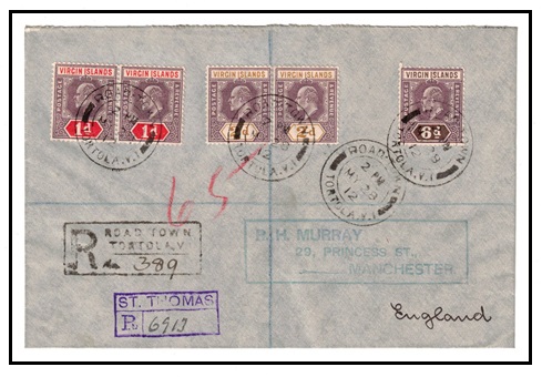 BRITISH VIRGIN ISLANDS - 1912 multi franked registered cover to UK used at ROAD TOWN.