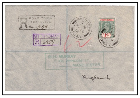 BRITISH VIRGIN ISLANDS - 1912 1/- rate registered cover to UK used at ROAD TOWN.