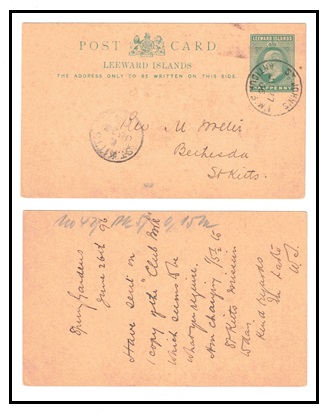 ANTIGUA - 1902 1/2d green PSC of Leeward Islands to St.Kitts used at ST.JOHNS.  H&G 5.