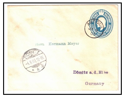 ANTIGUA - 1902 2 1/2d blue PSE of Leeward Islands to Germany used at ANTIGUA.  H&G 4.