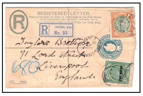 ANTIGUA - 1917 use of 2d blue Leeward Islands RPSE to UK uprated and with 1/2d 