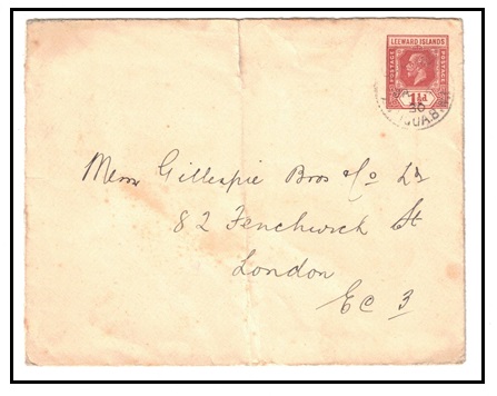 ANTIGUA - 1930 use of 1 1/2d brown Leeward Islands PSE to UK used at ST.JOHNS.  H&G 8.
