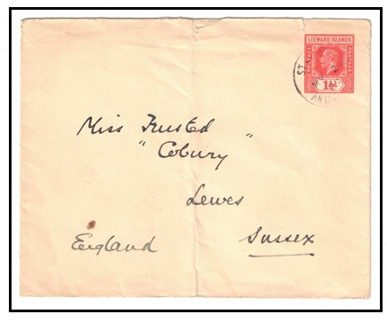 ANTIGUA - 1927 use of 1 1/2d red Leeward Islands PSE to UK used at ST.JOHNS.  H&G 6.