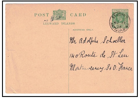 ANTIGUA - 1926 1/2d green PSC of Leeward Islands to France (no message) used at ST