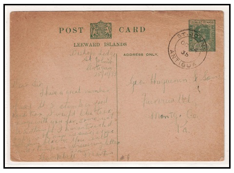 ANTIGUA - 1935 use of 1/2d green PSC of Leeward Islands genuinely used to USA. H&G 9.