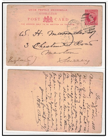MOROCCO AGENCIES - 1888 use of Gibraltar 1d carmine PSC to UK used at TANGIER.  H&G 4.