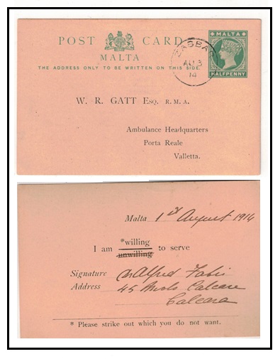MALTA - 1901 1/2d green PSC for military service to Valletta used at ZABBAR.  H&G 3.