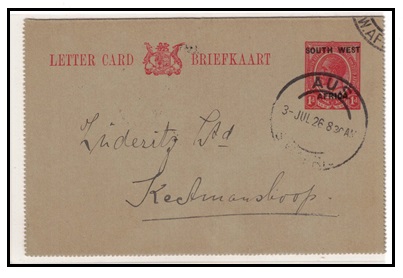 SOUTH WEST AFRICA - 1923 1d red postal stationery letter card used at AUS.  H&G 1.