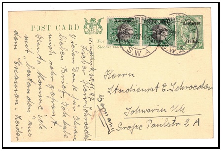 SOUTH WEST AFRICA - 1923 1/2d green PSC uprated at WINDHOEK.  H&G 6.