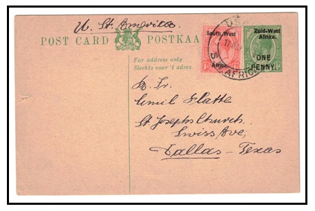 SOUTH WEST AFRICA - 1923 1d on 1/2d green PSC uprated to USA used at USAKOS.  H&G 5a.