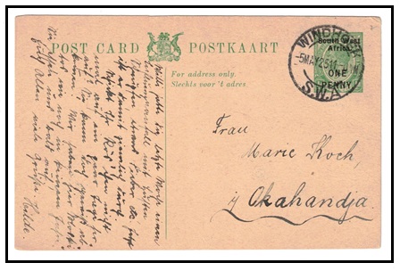 SOUTH WEST AFRICA - 1923 1d on 1/2d green PSC used locally at WINDHOEK.  H&G 5.