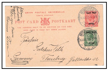 SOUTH WEST AFRICA - 1923 1d red PSC uprated to Germany used at WINDHOEK.  H&G 4.