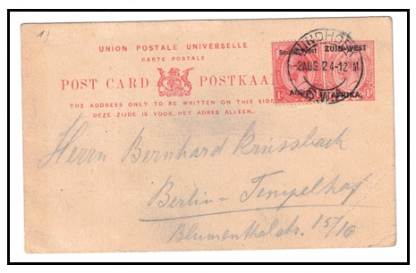 SOUTH WEST AFRICA - 1923 1d red PSC uprated to Germany used at WINDHOEK.  H&G 1a.