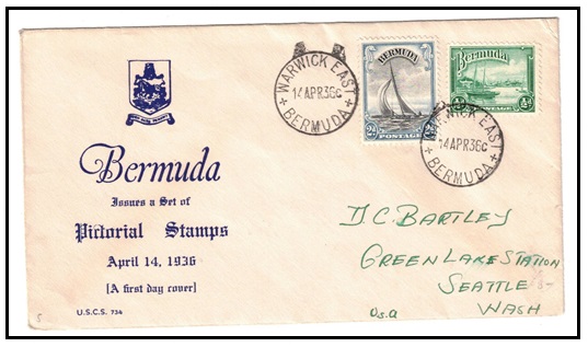 BERMUDA - 1936 1/2d + 2d FDC to USA used at WARWICK EAST.