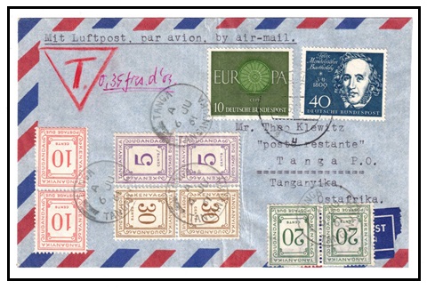K.U.T. - 1961 inward underpaid cover from Germany with 5c,10c,20, and 30c postage dues added.