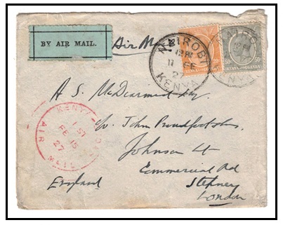 K.U.T. - 1927 70c rate first flight cover to UK with KENYA-SUDAN/AIR MAIL h/s applied in red.