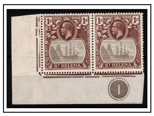 ST.HELENA - 1922-37 1/- grey and brown fine mint pair showing the CLEFT ROCK variety.  SG 106c.