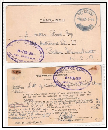 BECHUANALAND - 1932 use of pre-printed OHMS acknowledgement postcard to USA used at MAFEKING.