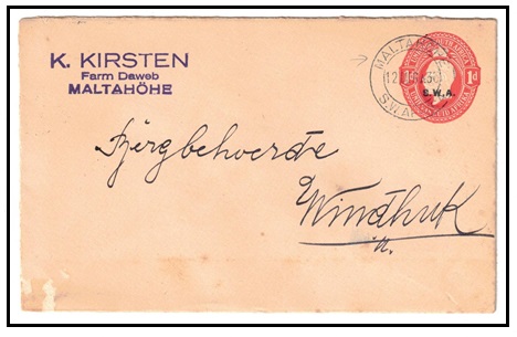 SOUTH WEST AFRICA - 1927 1d red PSE (size b) used locally at MALTAHOHE.  H&G 5a.