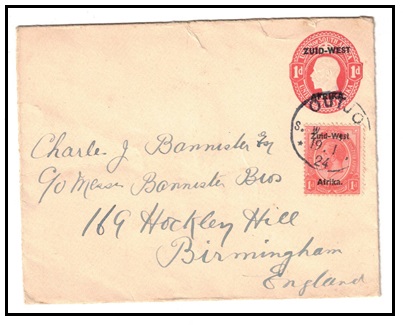 SOUTH WEST AFRICA - 1923 1d red PSE (size a) uprated to UK used at OUTJOS. H&G 2.