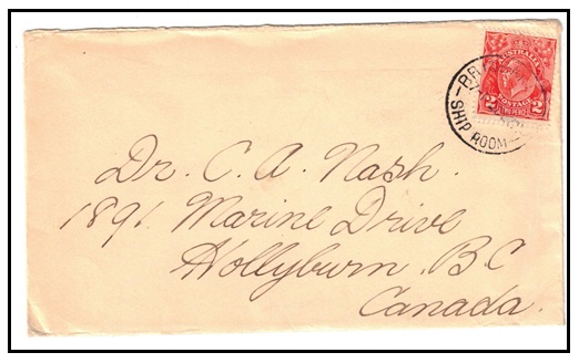 AUSTRALIA - 1927 2d rate cover to Canada used at BRISBANE/SHIP ROOM.