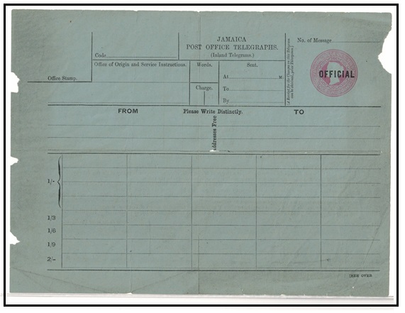 JAMAICA - 1879 1/- pink on blue JAMAICA TELEGRAPHS form unused (fragile) overprinted OFFICIAL. 