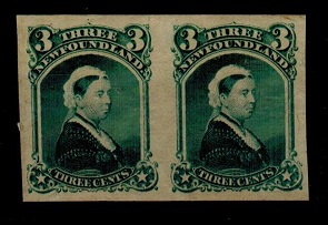 NEWFOUNDLAND - 1868 3c IMPERFORATE PLATE PROOF pair in blue-green.