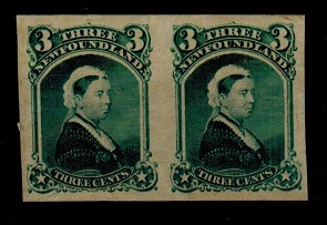NEWFOUNDLAND - 1868 3c IMPERFORATE PLATE PROOF pair in blue-green.