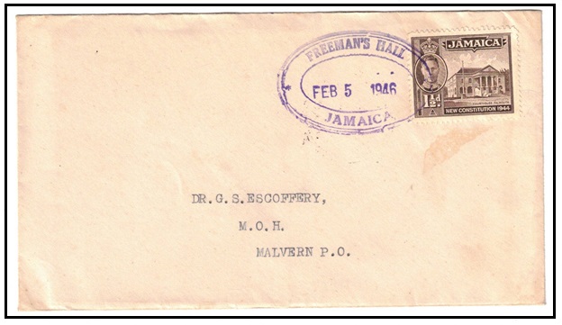 JAMAICA - 1946 1 1/2d rate local cover used at FREEMANS HALL.