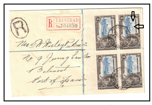 TRINIDAD AND TOBAGO - 1937 2c (x4) registered local cover with EXTRA FLAGSTAFF variety.