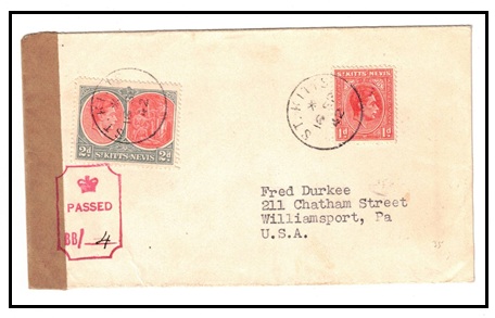 ST.KITTS - 1942 3d rate cover to USA with red 