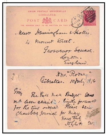 GIBRALTAR - 1889 10c rose PSC to UK cancelled 