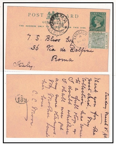 MOROCCO AGENCIES - 1889 5c green PSC of Gibraltar uprated to Italy used at TANGIER.  H&G 15.