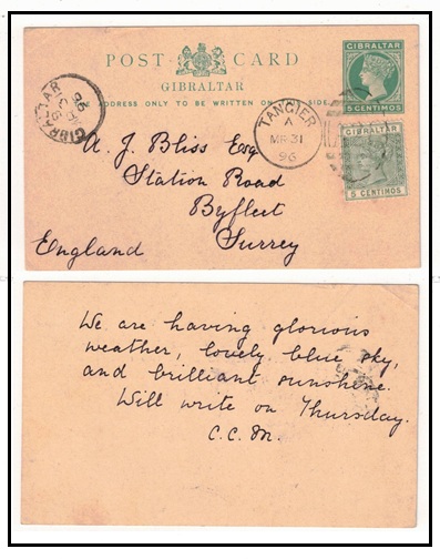 MOROCCO AGENCIES - 1889 5c green PSC of Gibraltar uprated to UK used at TANGIER.  H&G 15.