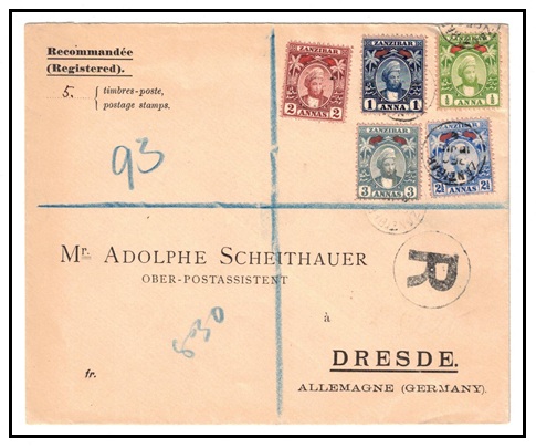 ZANZIBAR - 1897 multi franked registered cover to Germany.