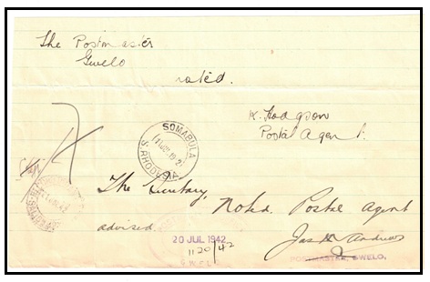 SOUTHERN RHODESIA - 1942 use of postal receipt of Postmaster at Gwelo cancelled SOMABULA.