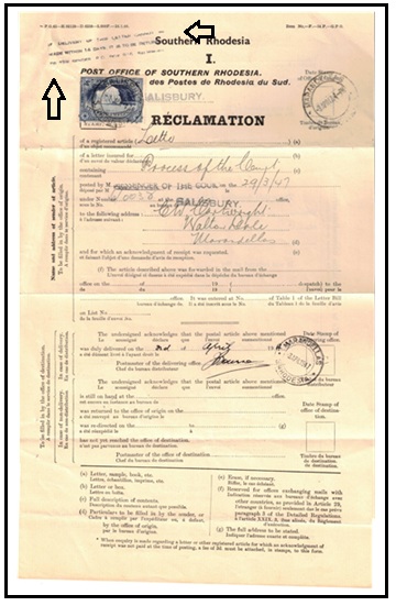 SOUTHERN RHODESIA - 1947 use of RECLAMATION form used at Salisbury to Marandellas.