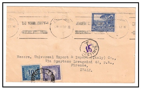 SOUTH AFRICA - 1950 3d underpaid cover to Italy with 5l and 10l postage dues applied at FIRENZE.