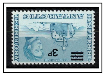 BRITISH ANTARCTIC TERRITORY - 1971 3p on 3d blue U/M with INVERTED WATRERMARK.  SG 29w.