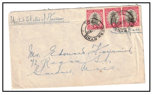 SOUTH AFRICA - 1939 3d rate cover to USA used at PARK RYNIE/RAIL.