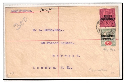 BECHUANALAND - 1902 8d rate registered cover to UK used at FRANCISTOWN/S.AFRICA.